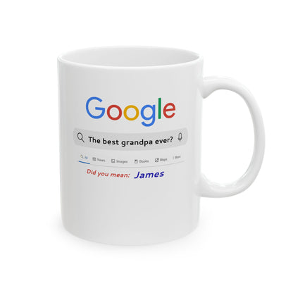 White mug with a Google search-themed design on a white background