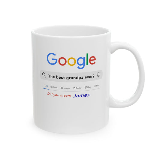 White mug with a Google search-themed design on a white background