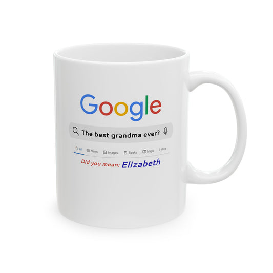 White mug with a design resembling a Google search bar on a white background