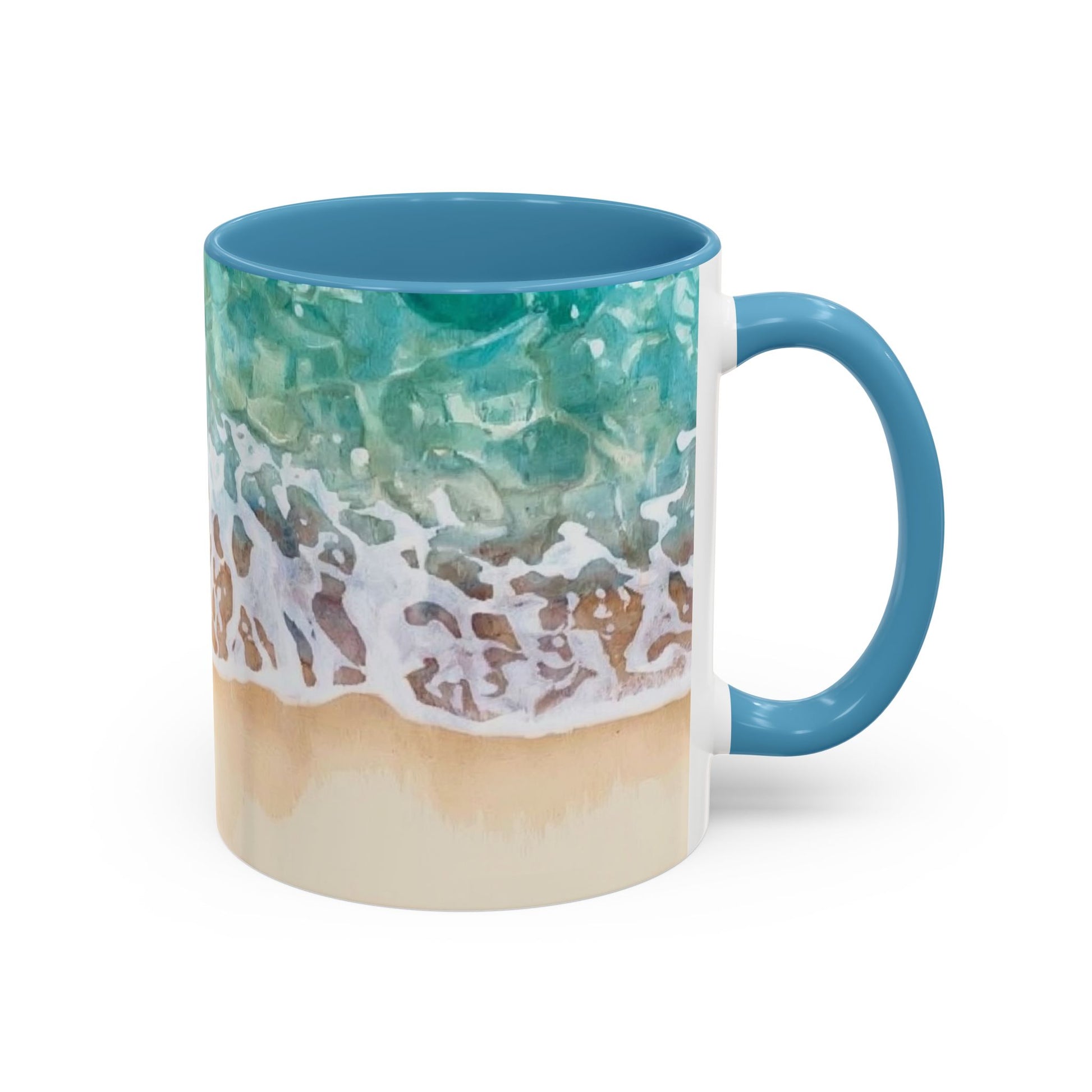 Mug with beach design featuring waves and sand on a white background
