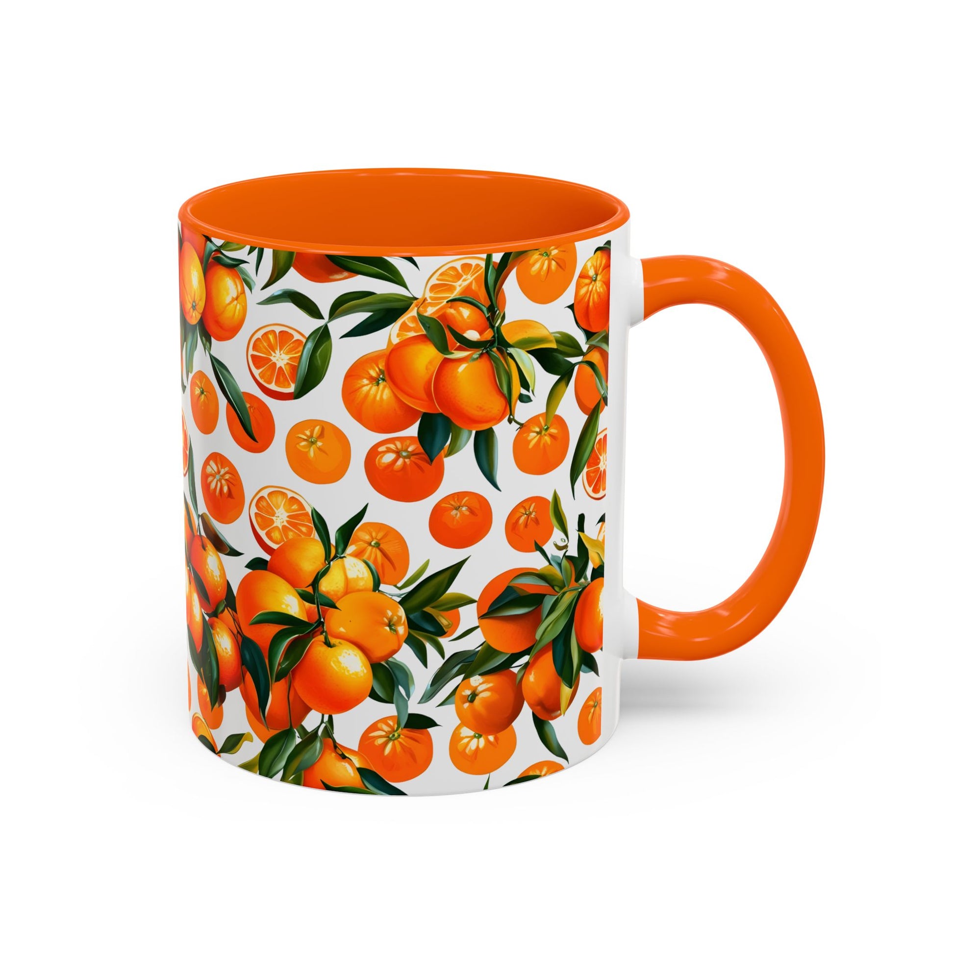 Mug with orange fruit pattern and orange handle on a white background