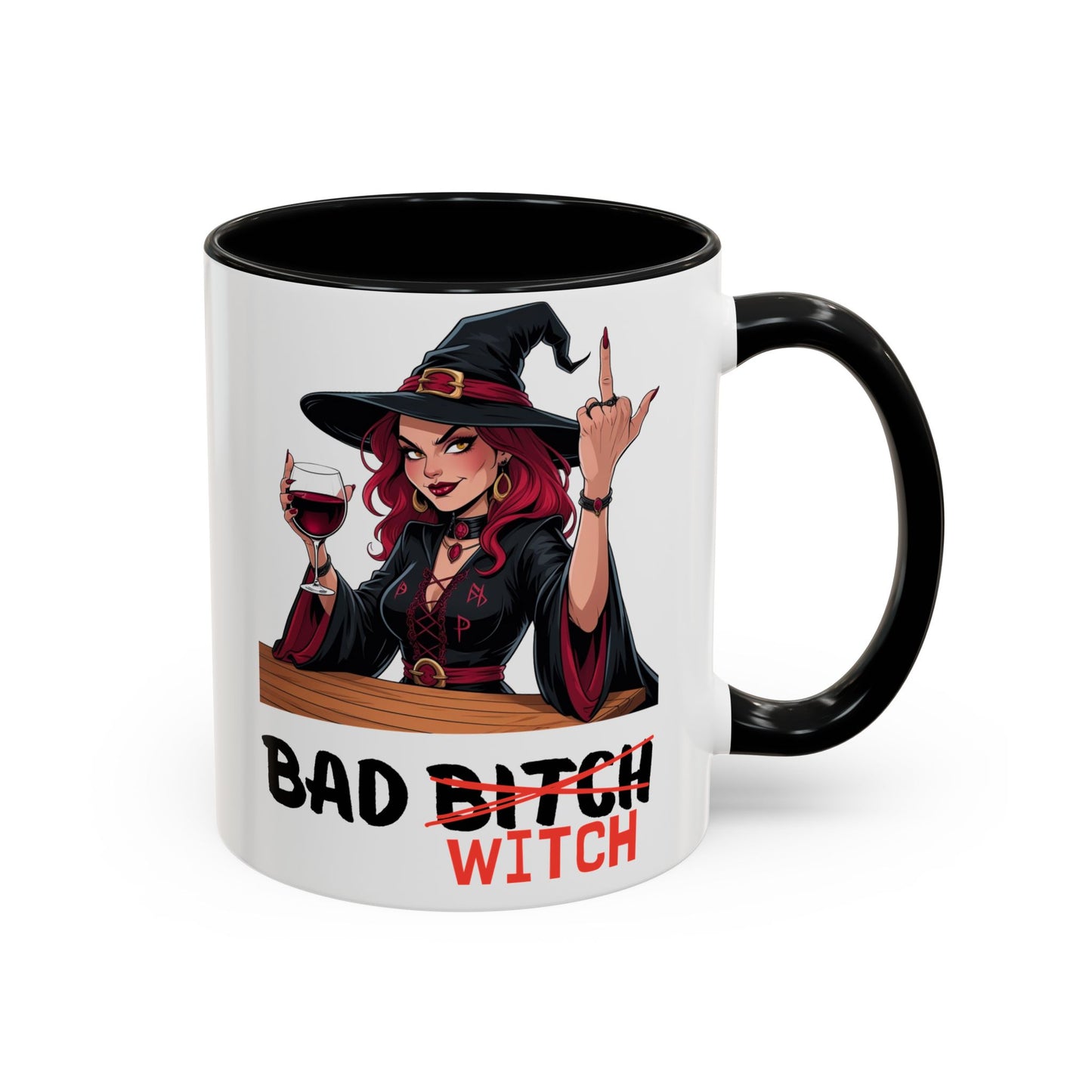Mug with a witch graphic and text on a white background