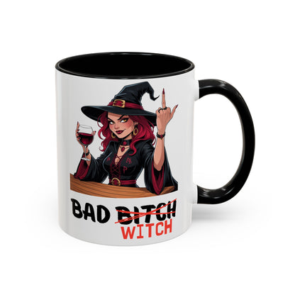 Mug with a witch graphic and text on a white background