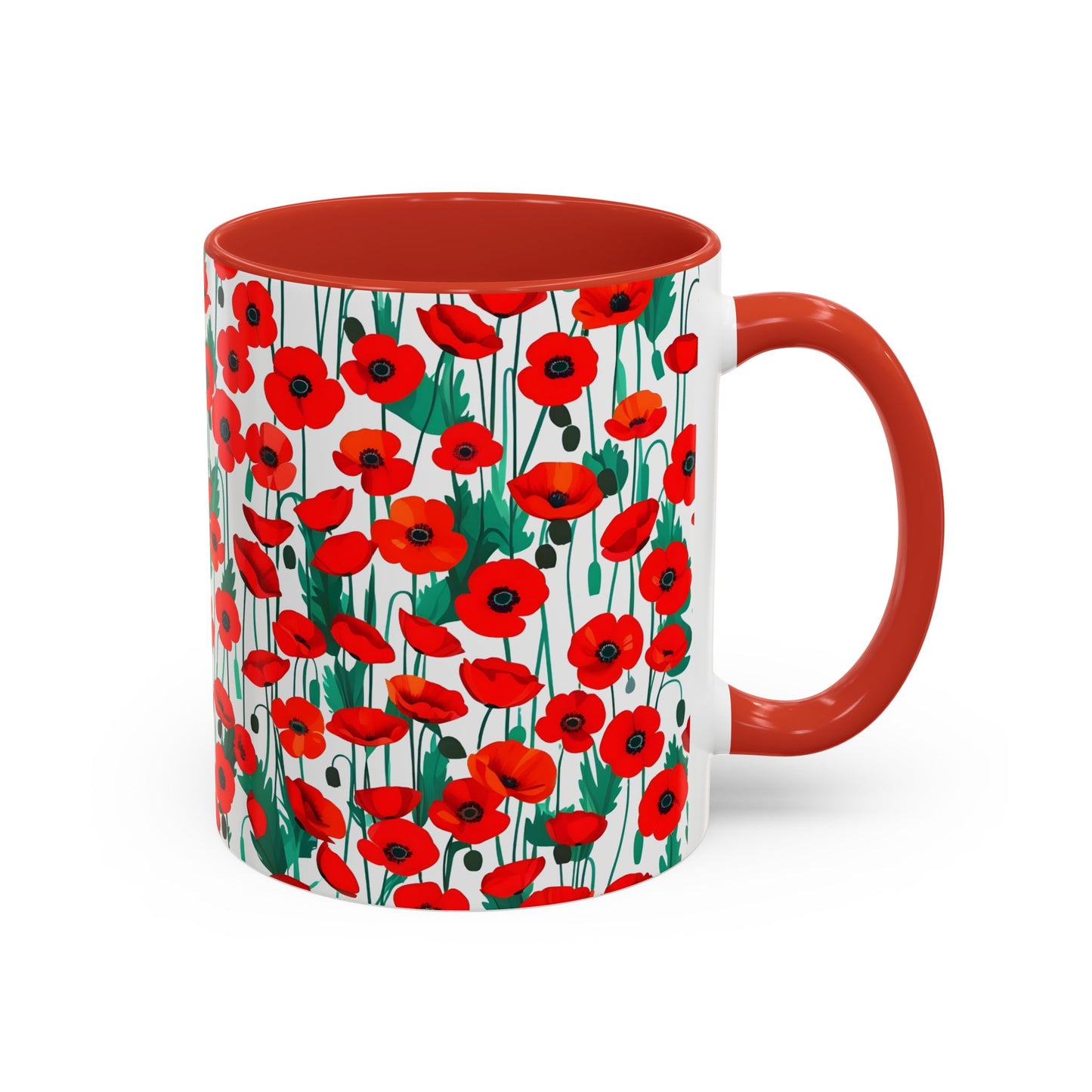 A red mug with red poppy pattern on a white background.