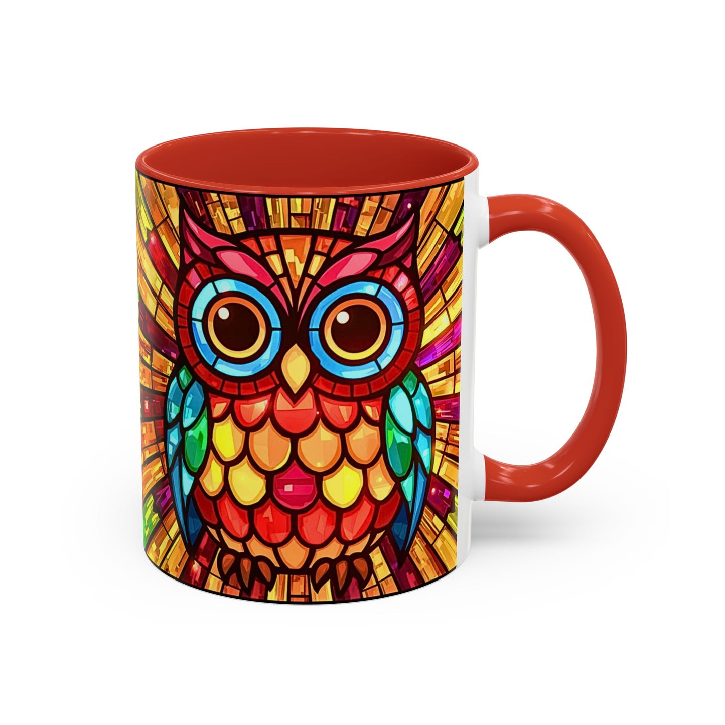 Colorful owl mug with a red interior and handle on a white background