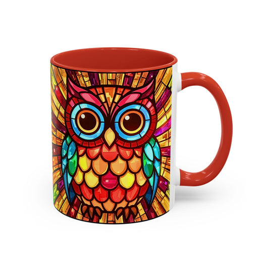 Colorful owl mug with a red interior and handle on a white background