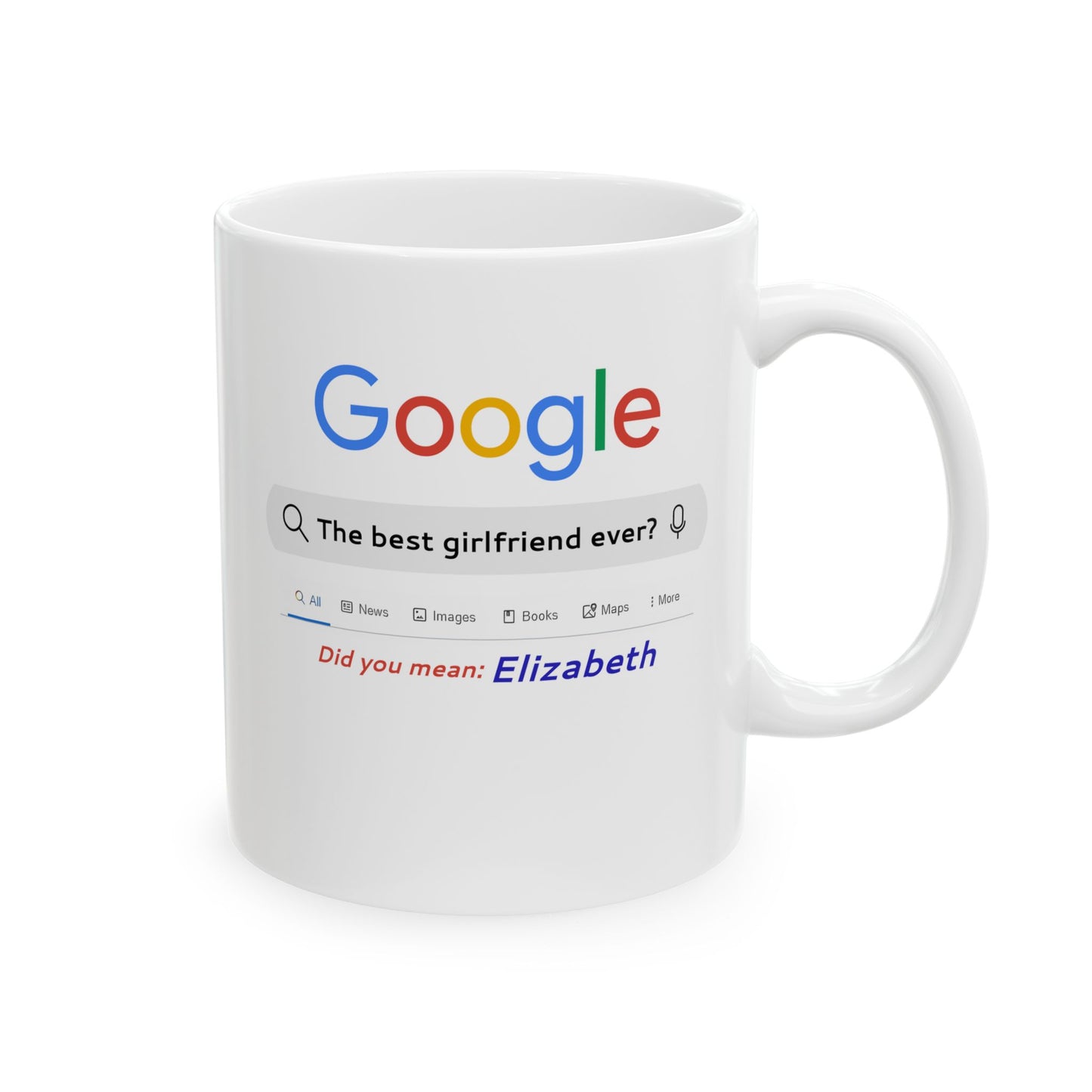 White mug with a colorful Google search bar design on a white background