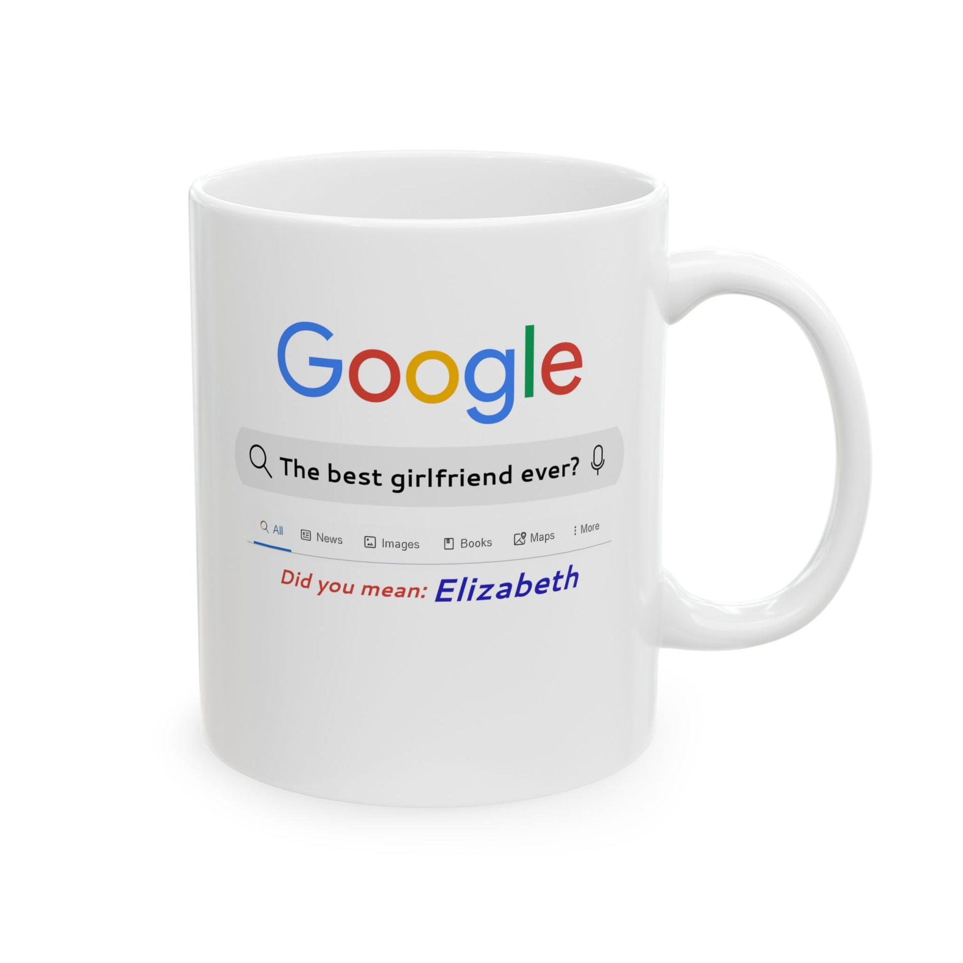 White mug with a colorful Google search bar design on a white background