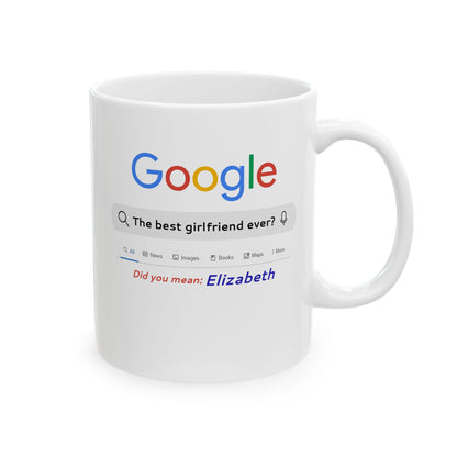 White mug with a colorful Google search bar design on a white background