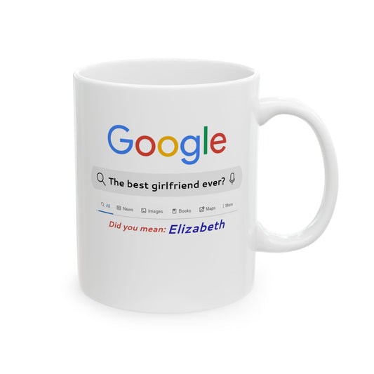 White mug with a colorful Google search bar design on a white background