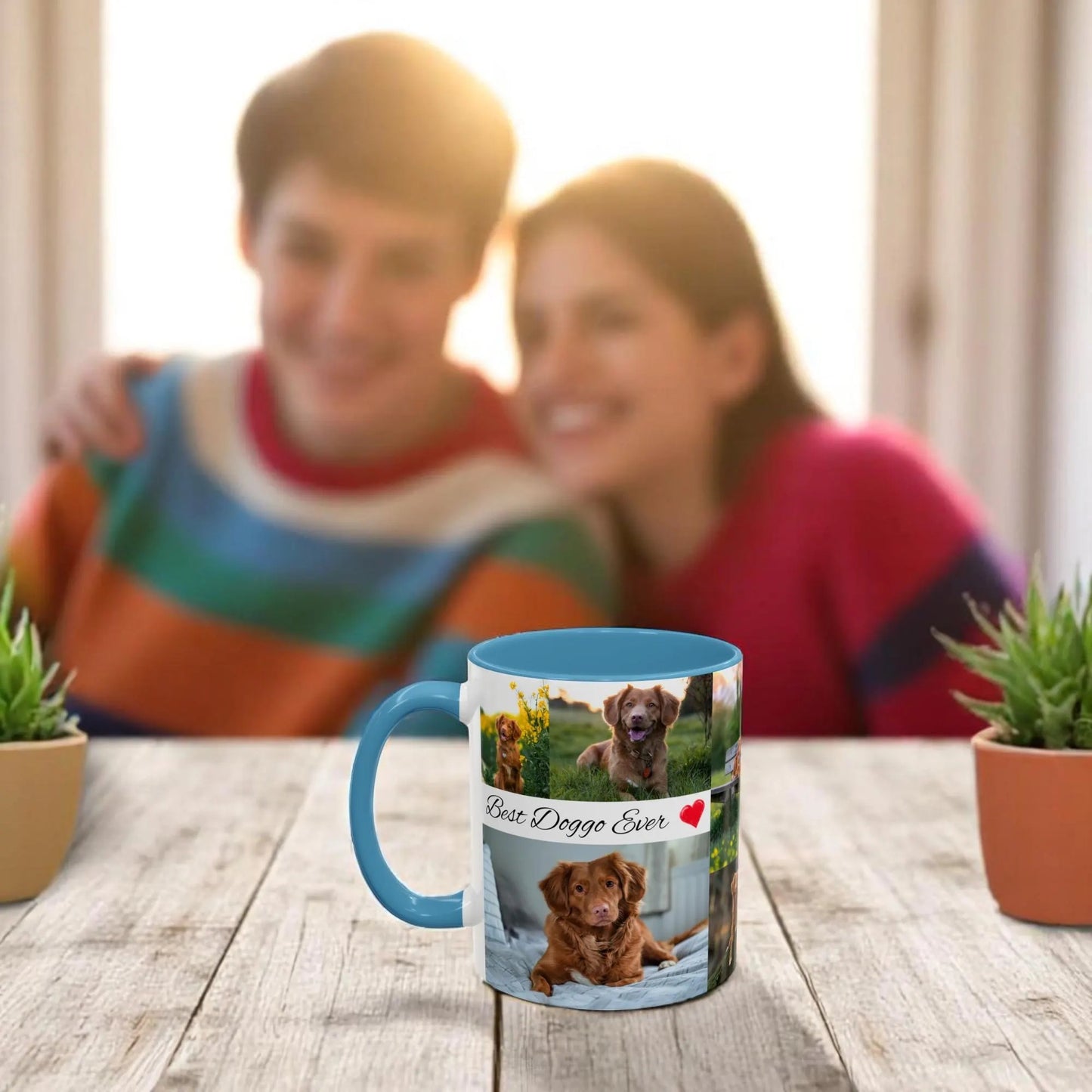 Mug with dog photos and text on a table with a blurred background of two people