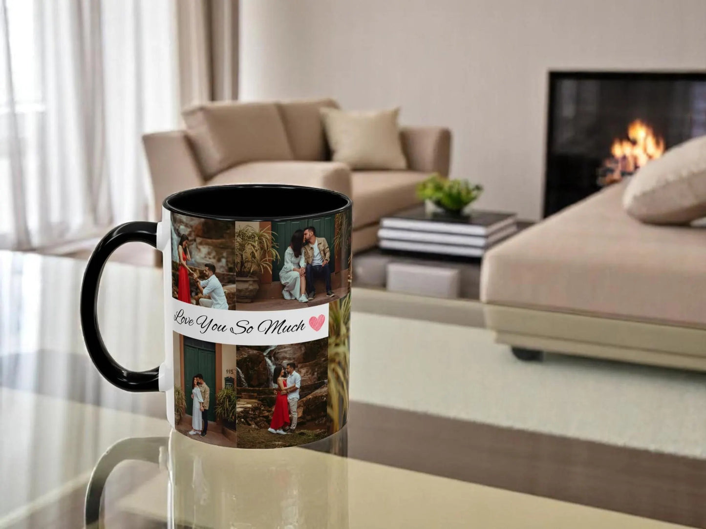 Black mug with printed images and text on a glass table in a living room.
