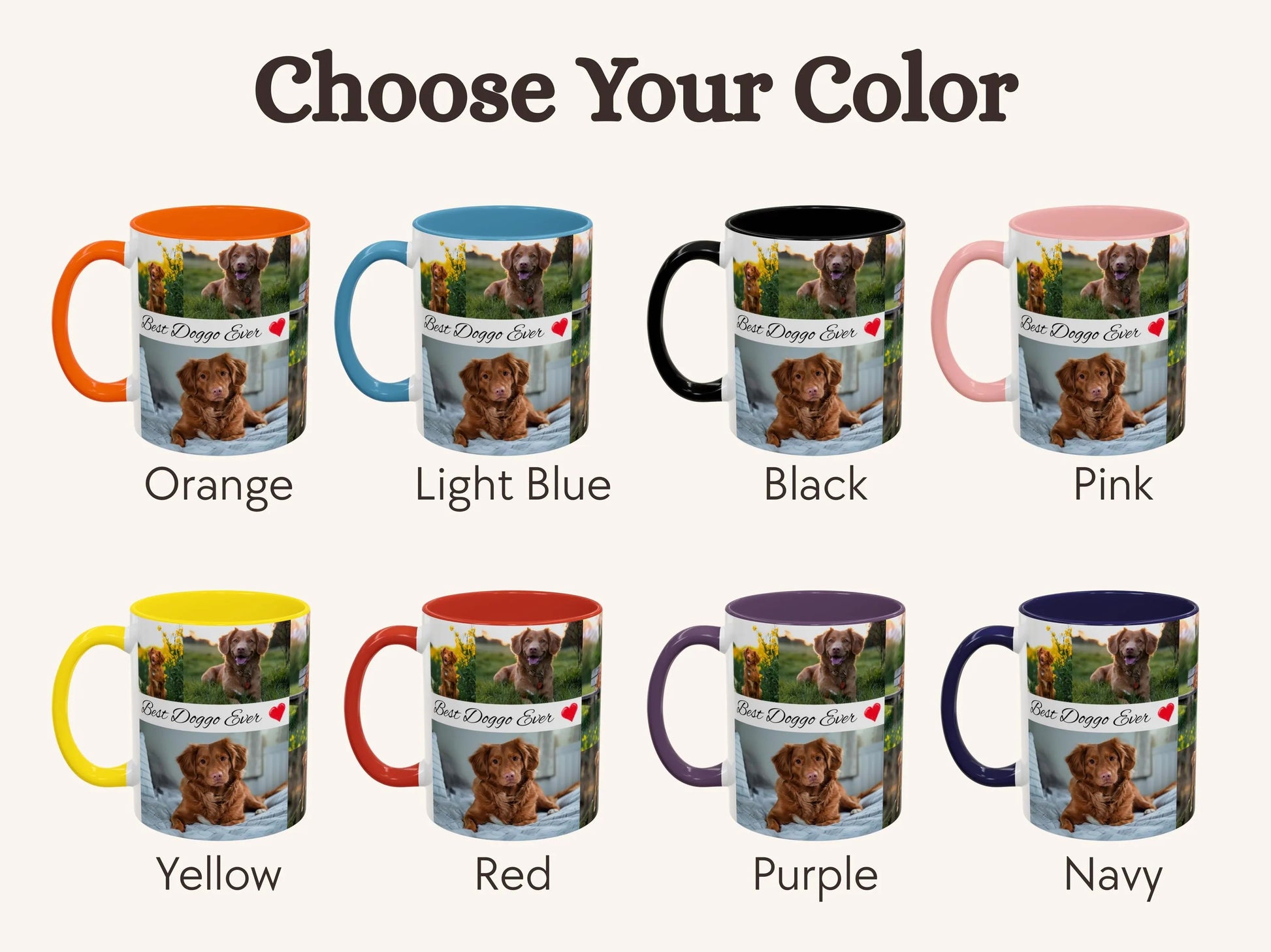 Set of mugs with different color options featuring a dog photo.