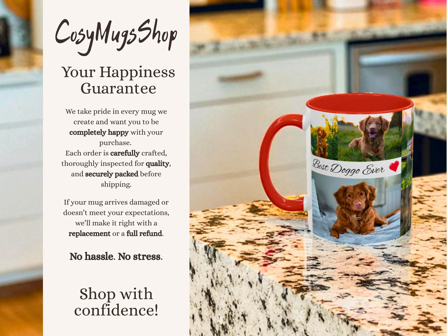 Red mug with a photo of a dog and text 'Best Dogge Ever' on a kitchen counter, with 'CosyMugsShop' branding.