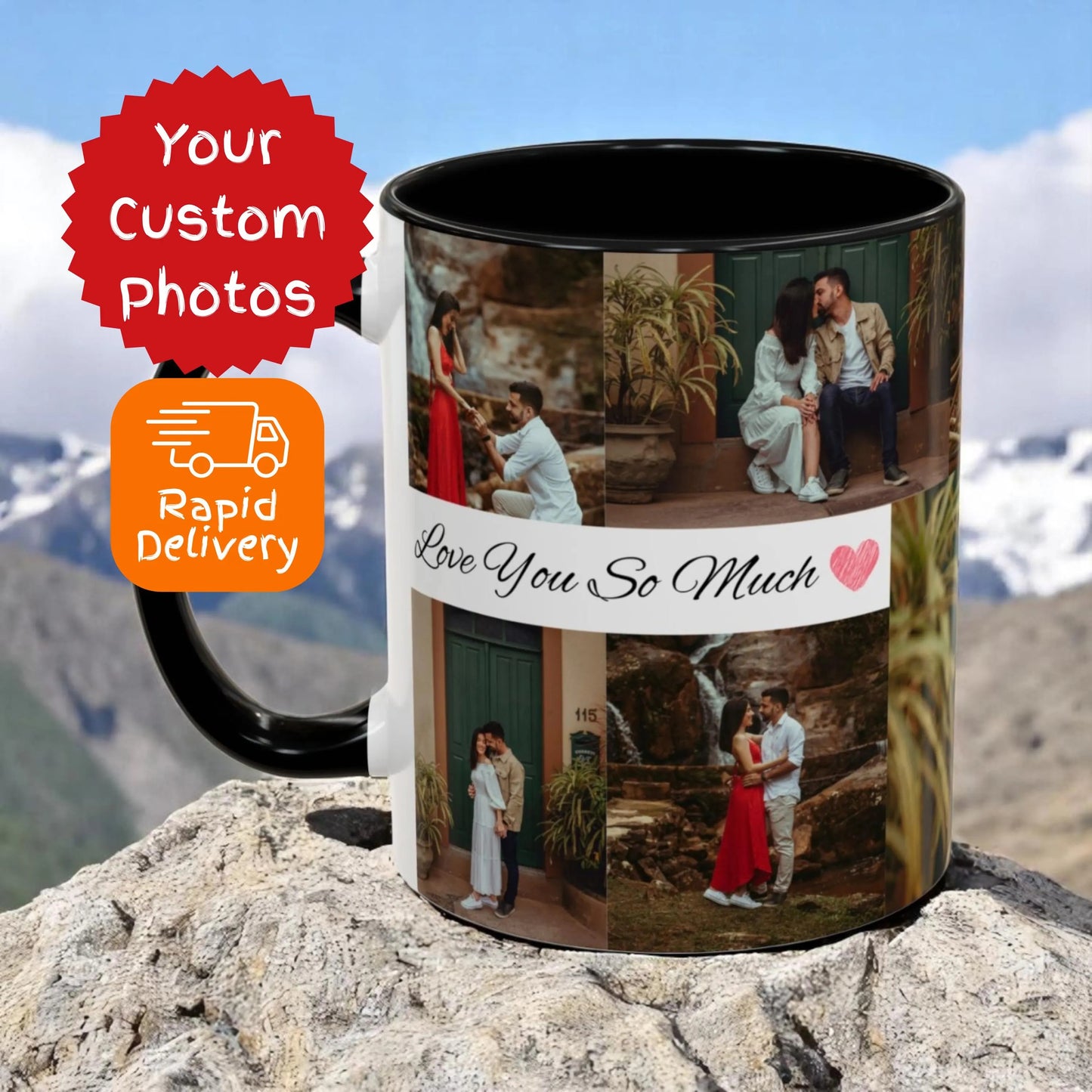 Personalized mug with photos and 'Love You So Much' text against a mountainous background