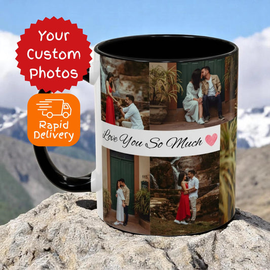 Personalized mug with photos and 'Love You So Much' text against a mountainous background
