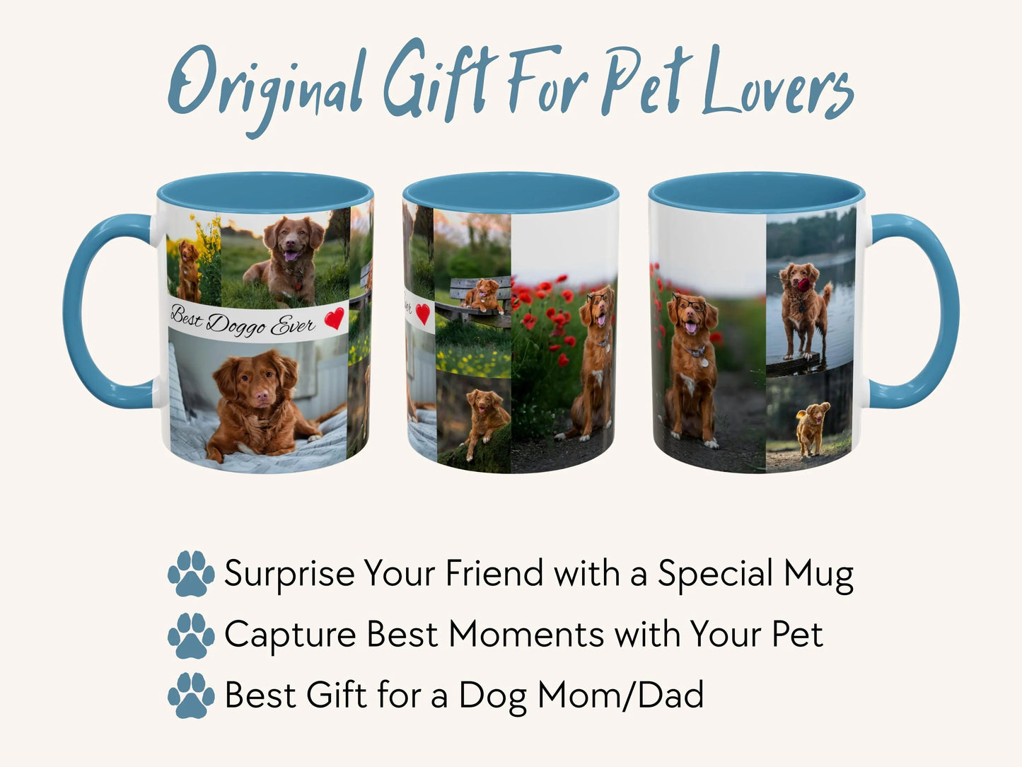 Three mugs with pet photos on a white background, labeled 'Original Gift For Pet Lovers'.