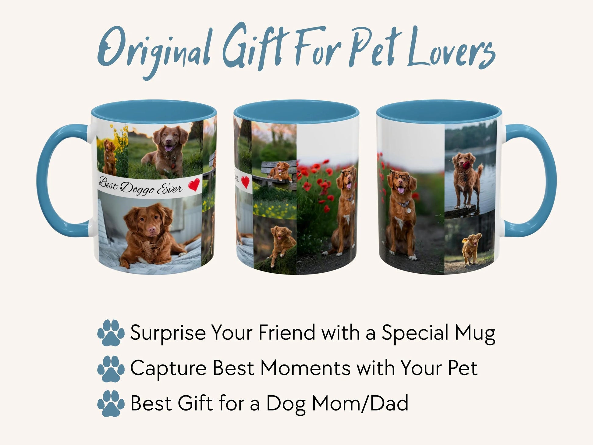 Three mugs with pet photos on a white background, labeled 'Original Gift For Pet Lovers'.
