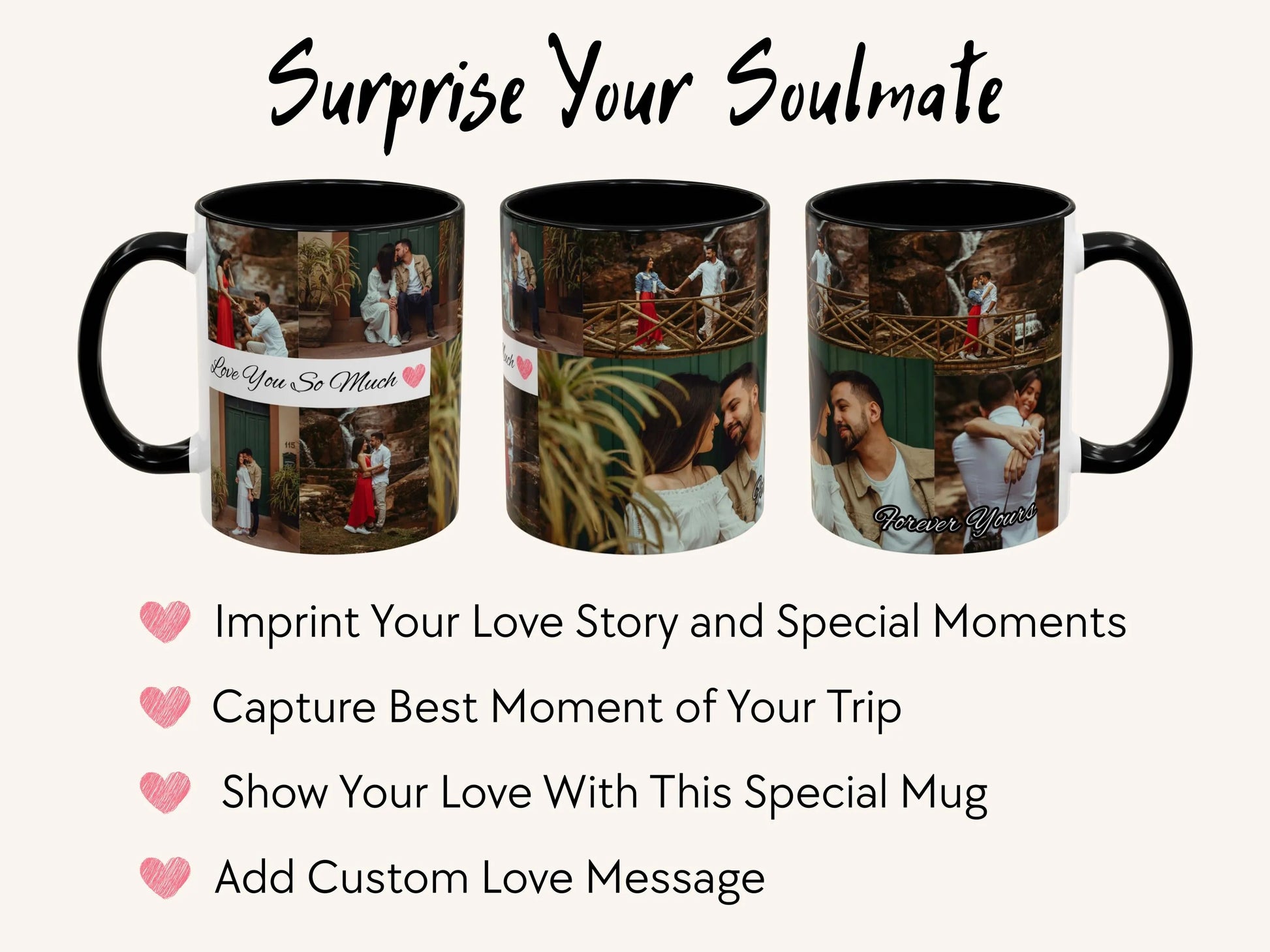 Three mugs with printed images and text, featuring a romantic theme.
