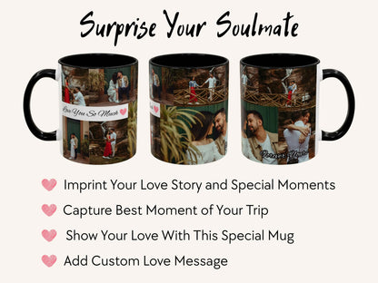 Three mugs with printed images and text, featuring a romantic theme.