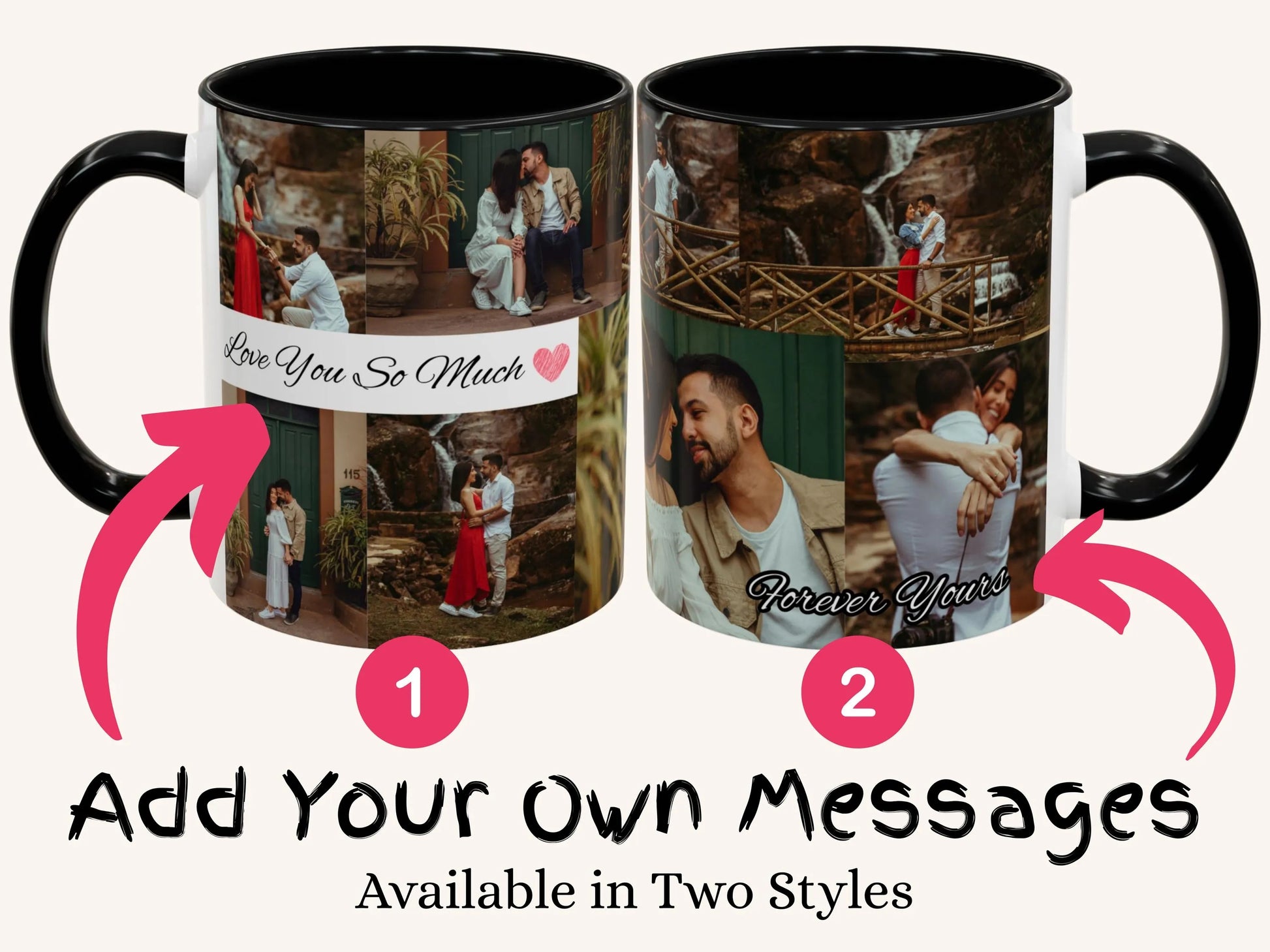 Two mugs with personalized photo collage and text design, featuring a couple in various poses.