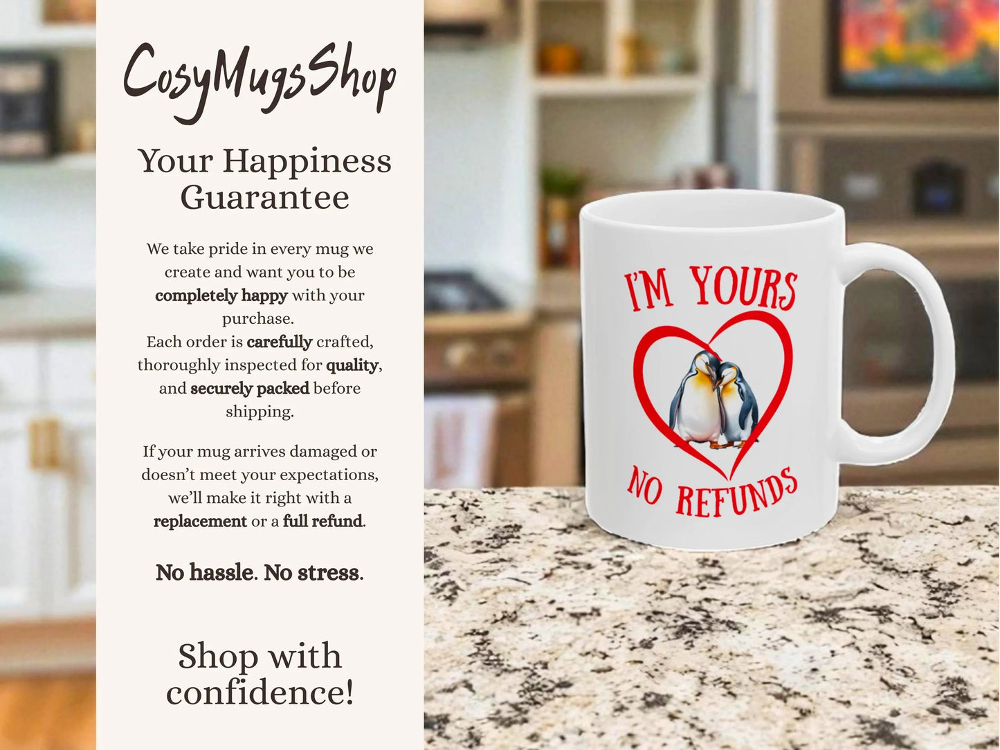 White mug with penguin design and text on a kitchen counter, with 'CosyMugsShop' promotional text.