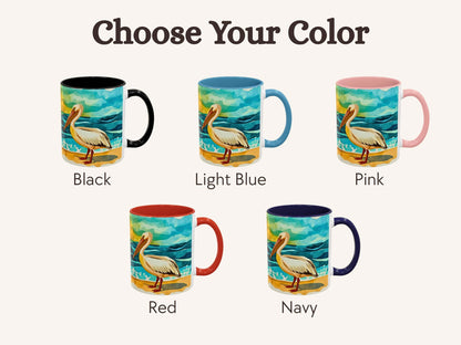 Set of mugs with pelican design in various colors on a white background