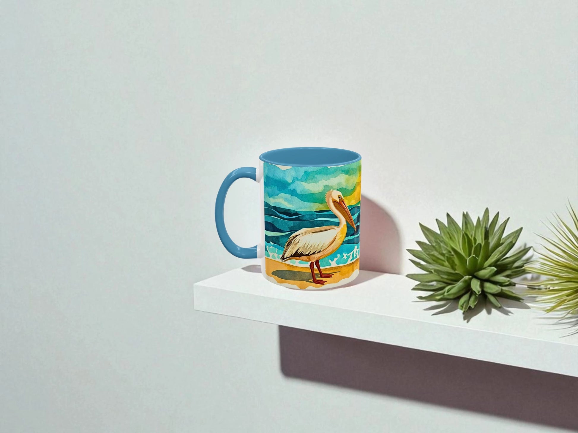 Mug with a pelican design on a white surface with plants