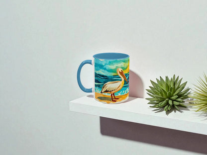 Mug with a pelican design on a white surface with plants