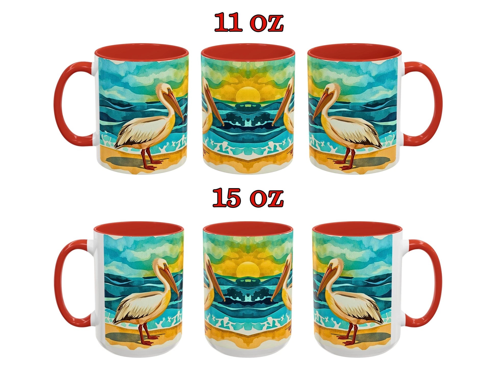 Two sets of mugs with pelican design, one set labeled 11 oz and the other 15 oz, on a white background.