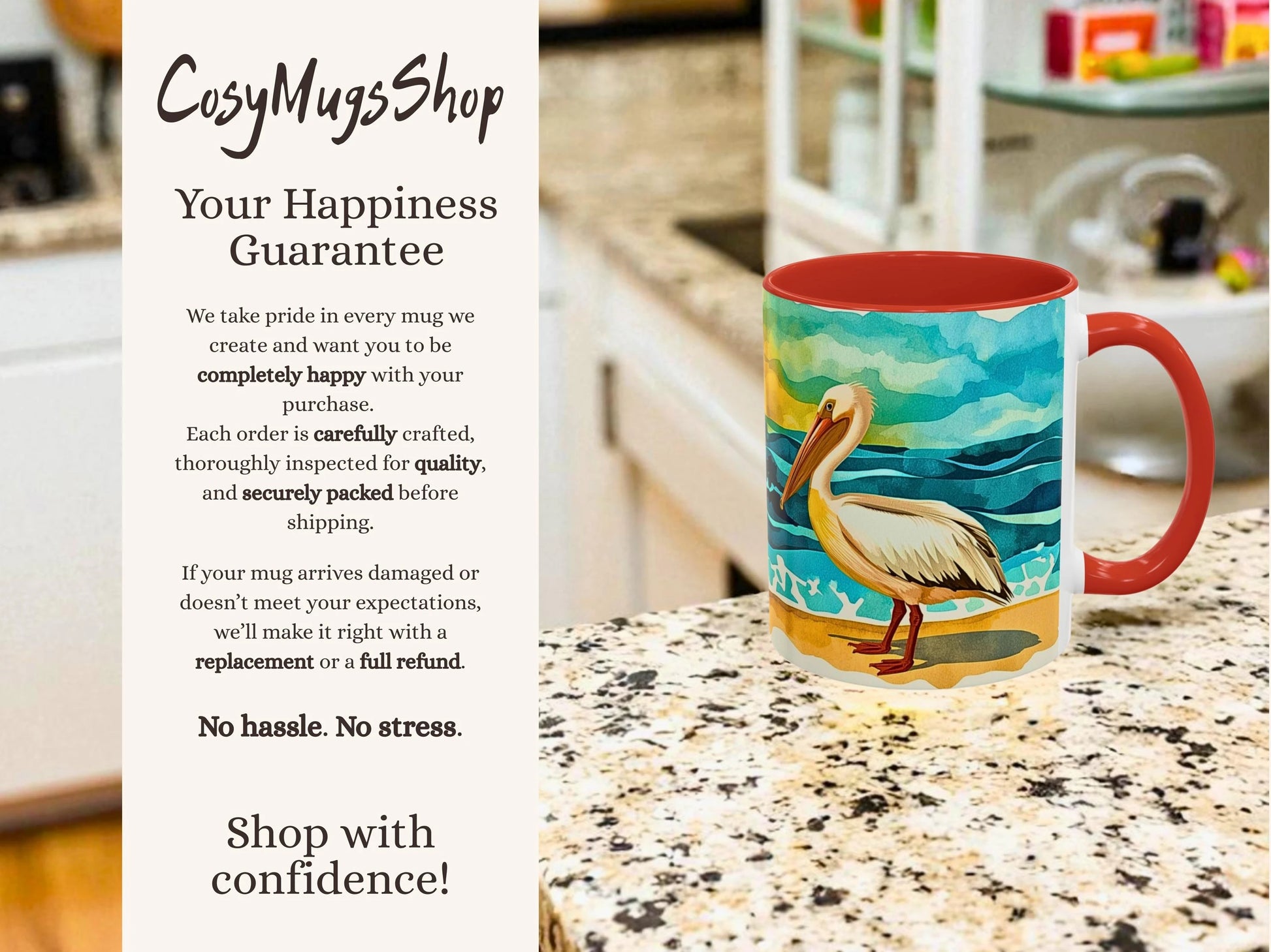 Mug with pelican design on a countertop next to 'Cosy Mugs Shop' promotional text.