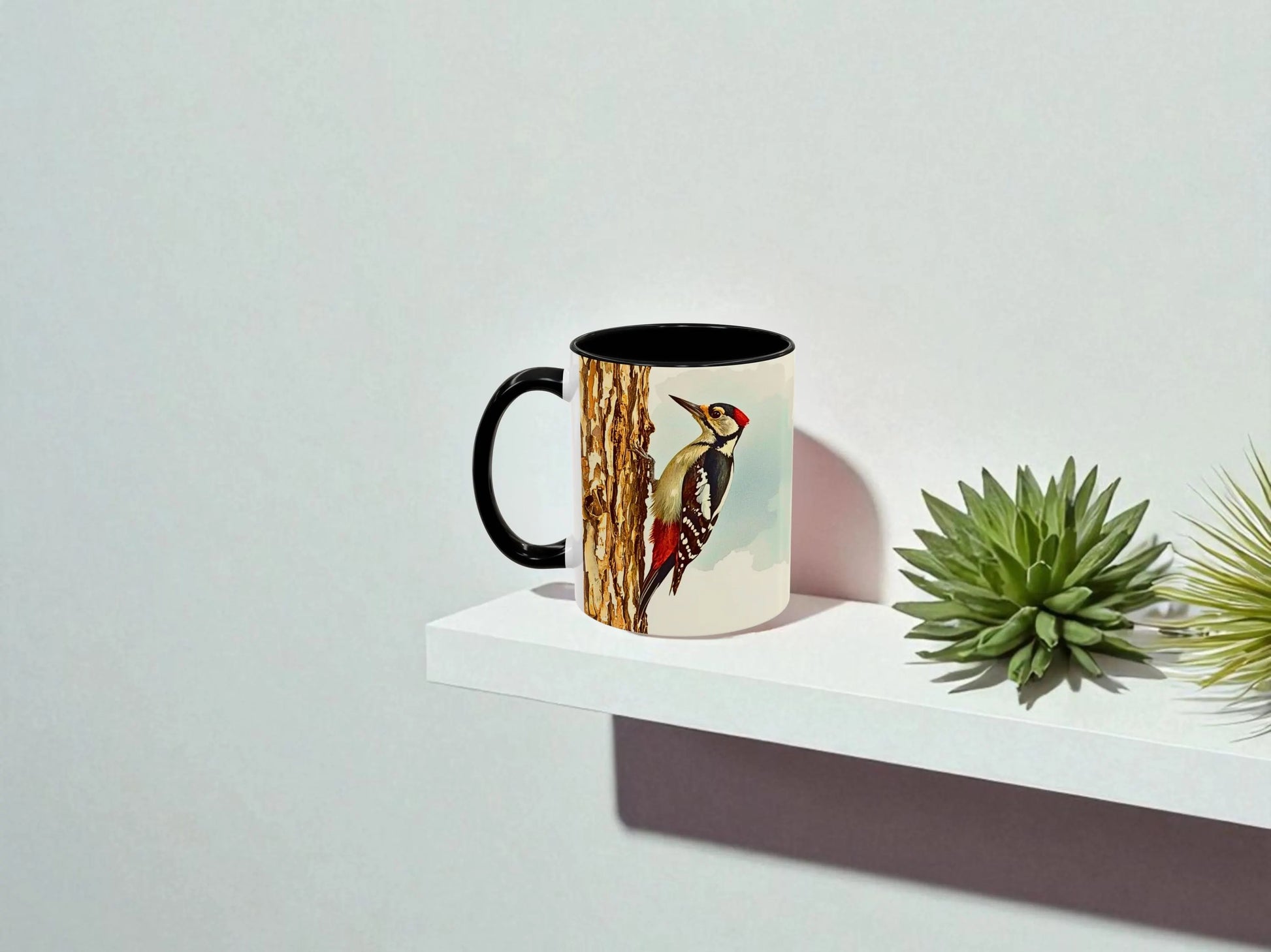 Mug with a bird design on a white shelf against a light gray background