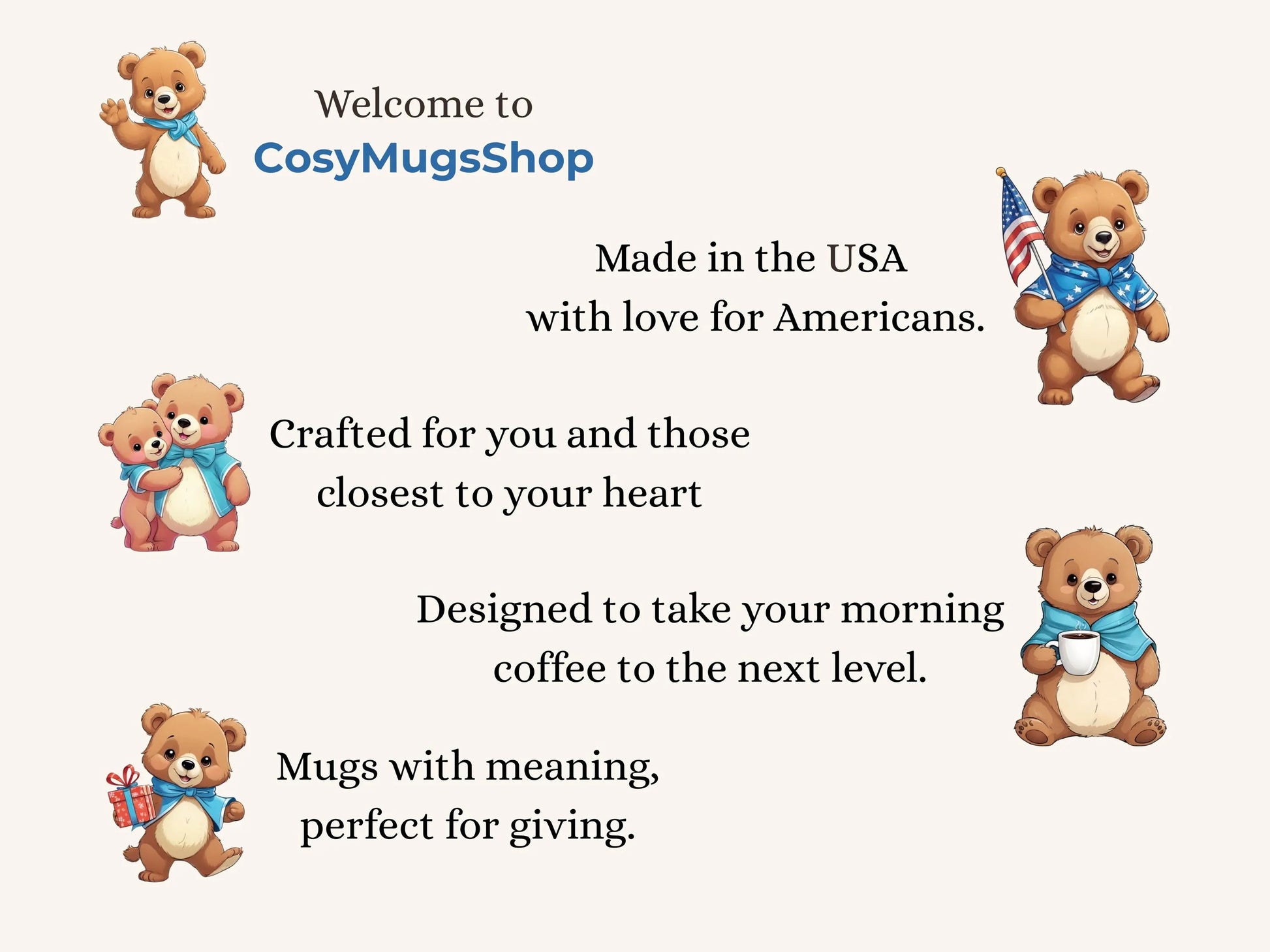 Cosy Mugs Shop advertisement with teddy bears and text on a white background