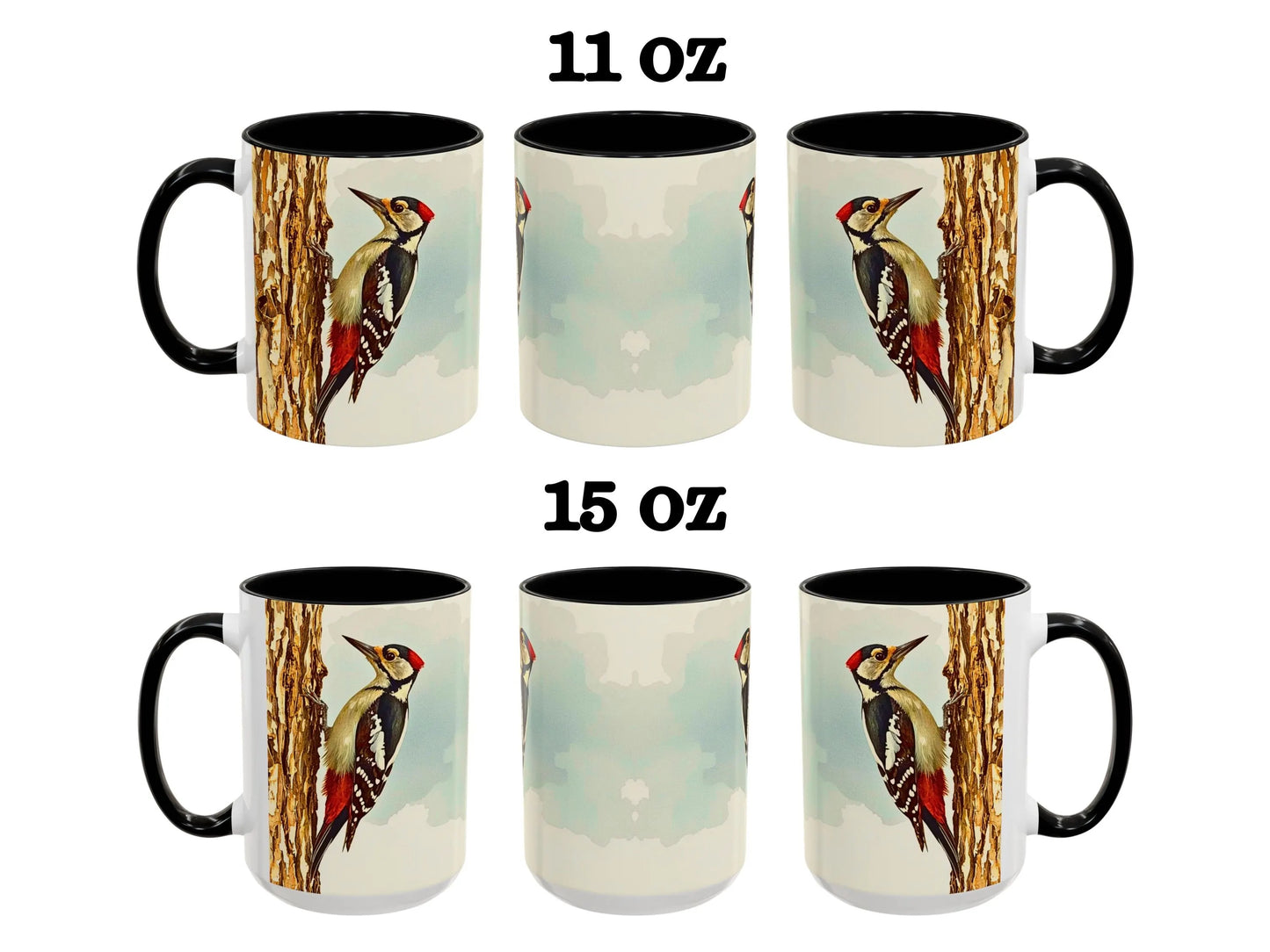 Set of six mugs with woodpecker design, two sizes labeled 11 oz and 15 oz.