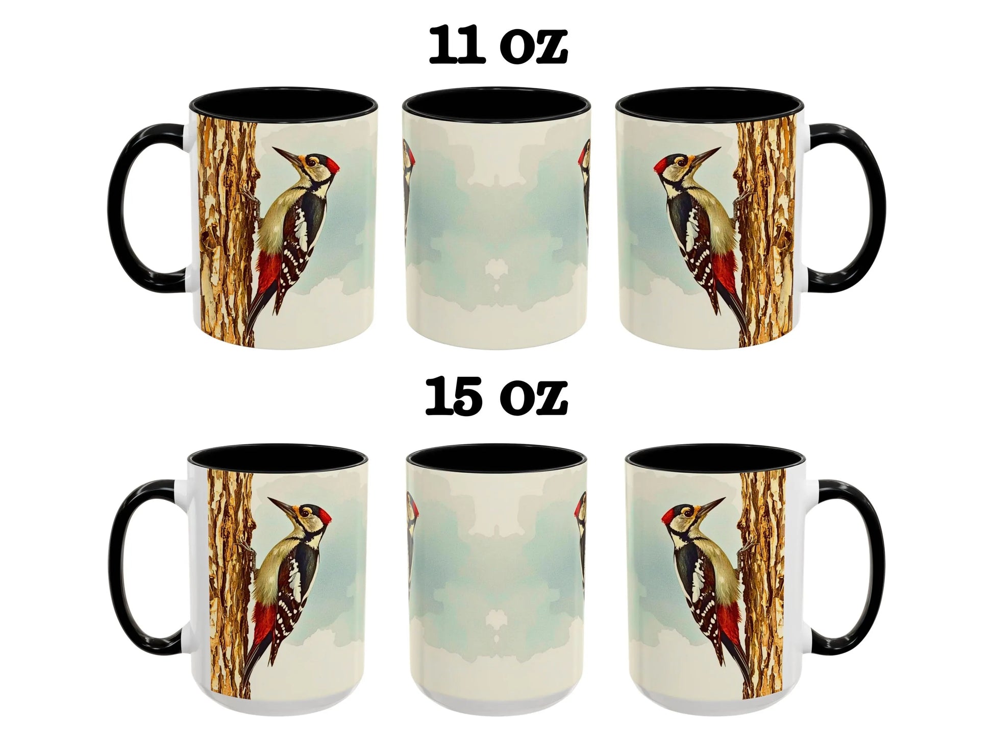 Set of six mugs with woodpecker design, two sizes labeled 11 oz and 15 oz.