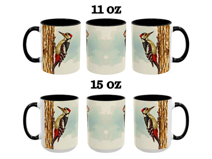 Set of six mugs with woodpecker design, two sizes labeled 11 oz and 15 oz.