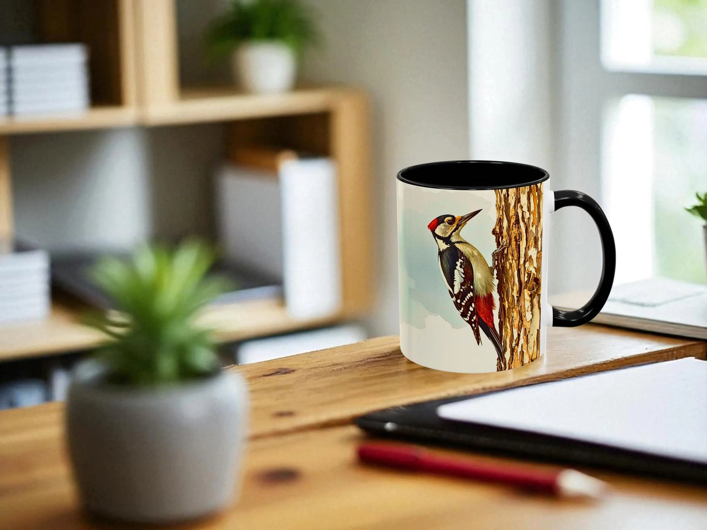 Mug with a woodpecker design on a wooden desk with a plant and tablet in the background