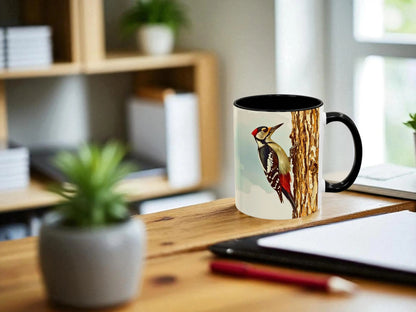 Mug with a woodpecker design on a wooden desk with a plant and tablet in the background