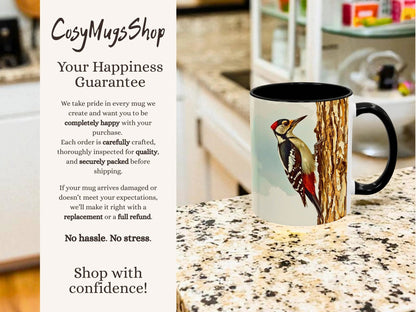 Mug with a woodpecker design on a kitchen counter, featuring 'CosyMugsShop' text.