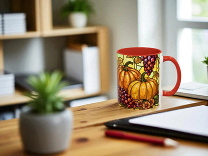 Colorful mug with pumpkin design on a wooden desk