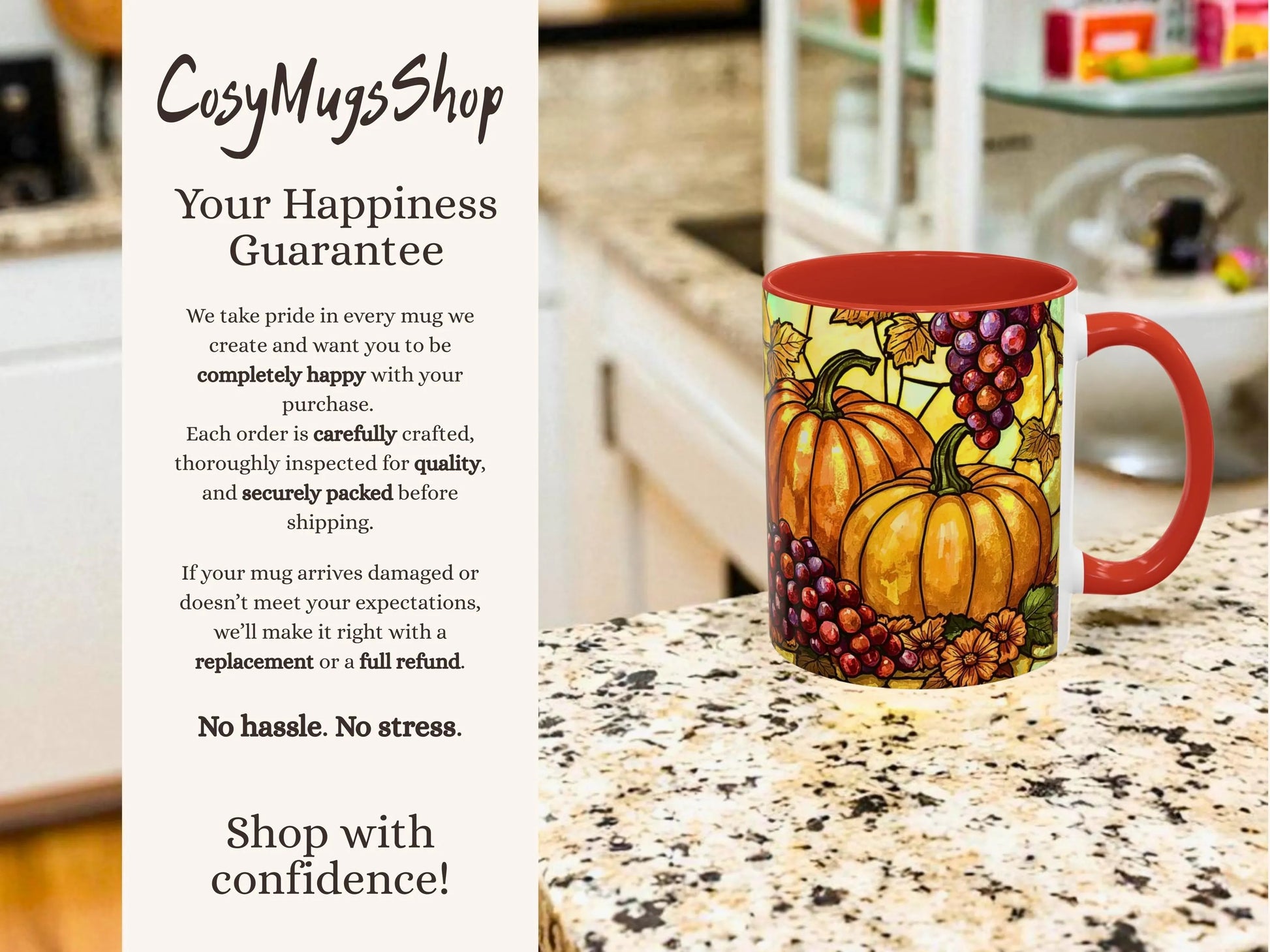 Decorative mug with pumpkins and grapes on a kitchen counter, featuring 'CosyMugsShop' text.