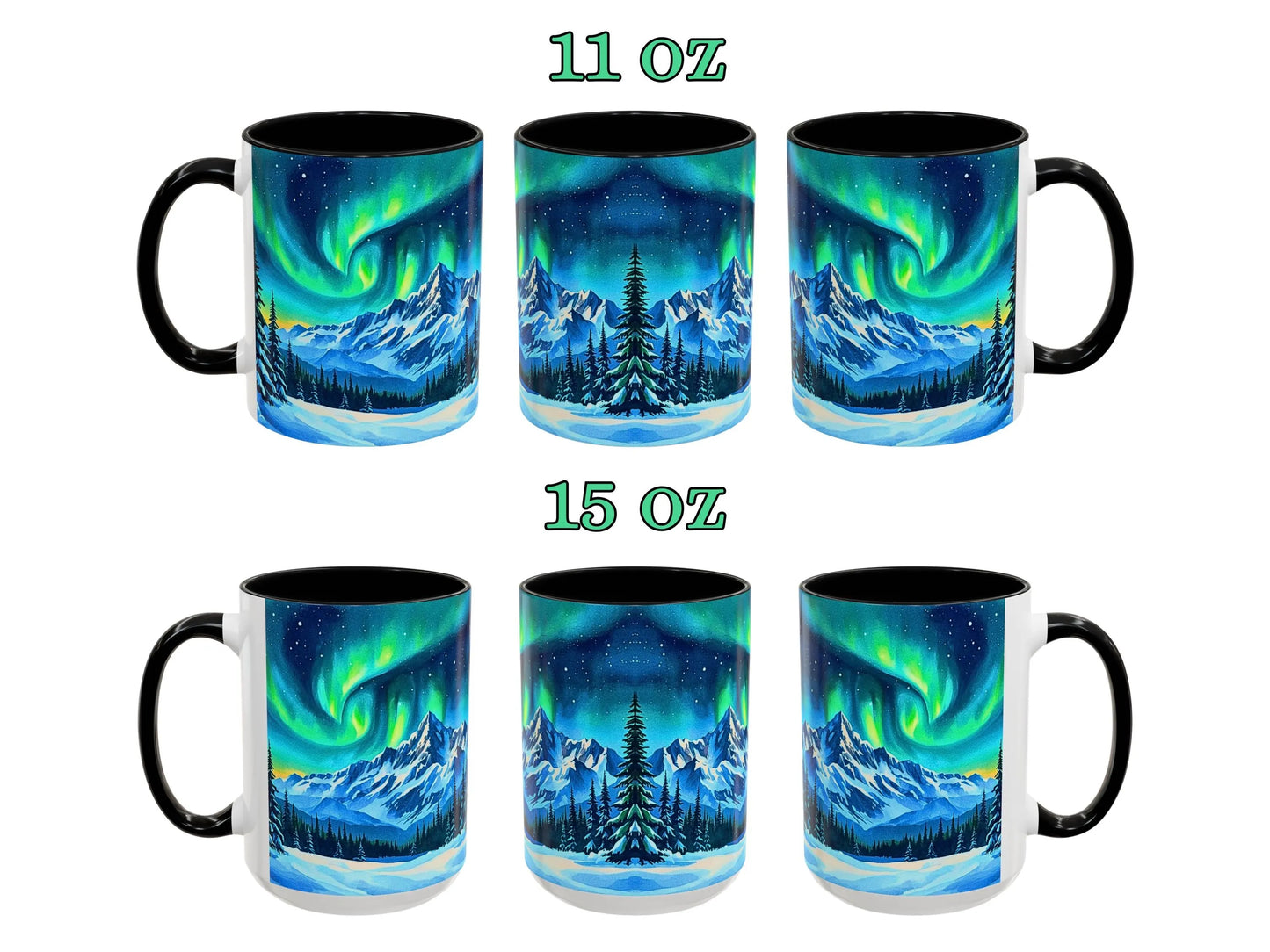 Set of two mugs with Northern Lights design, one 11 oz and one 15 oz, on a white background.