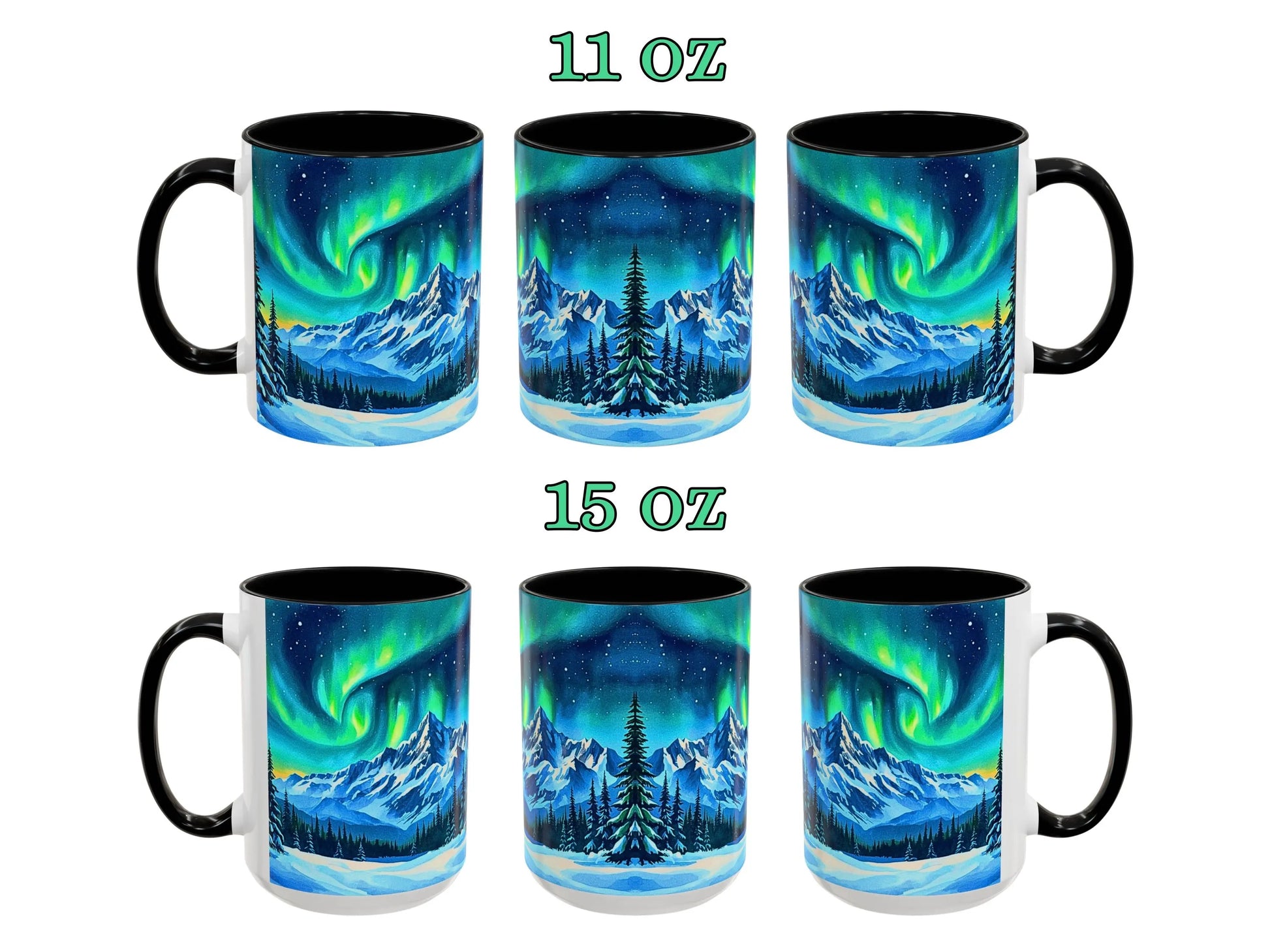 Set of two mugs with Northern Lights design, one 11 oz and one 15 oz, on a white background.