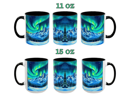 Set of two mugs with Northern Lights design, one 11 oz and one 15 oz, on a white background.