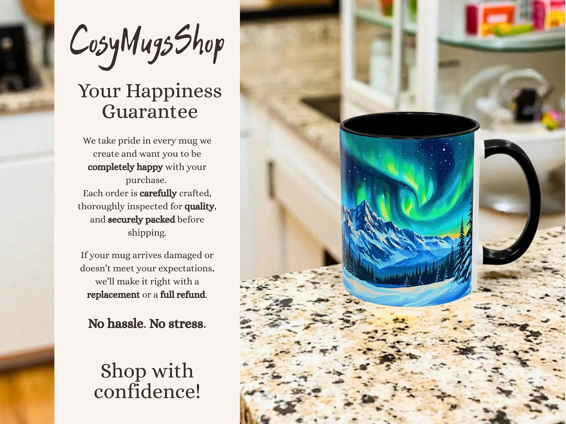 Mug with Northern Lights design on a kitchen counter, featuring 'CosyMugsShop' text.