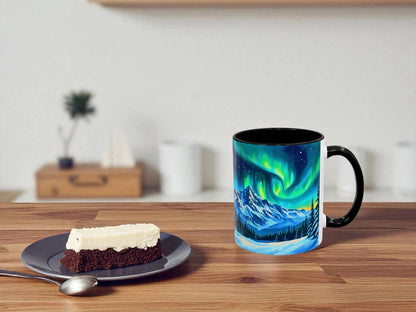 Mug with a scenic design on a wooden table with a dessert
