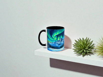Mug with Northern Lights design on a white surface with plants