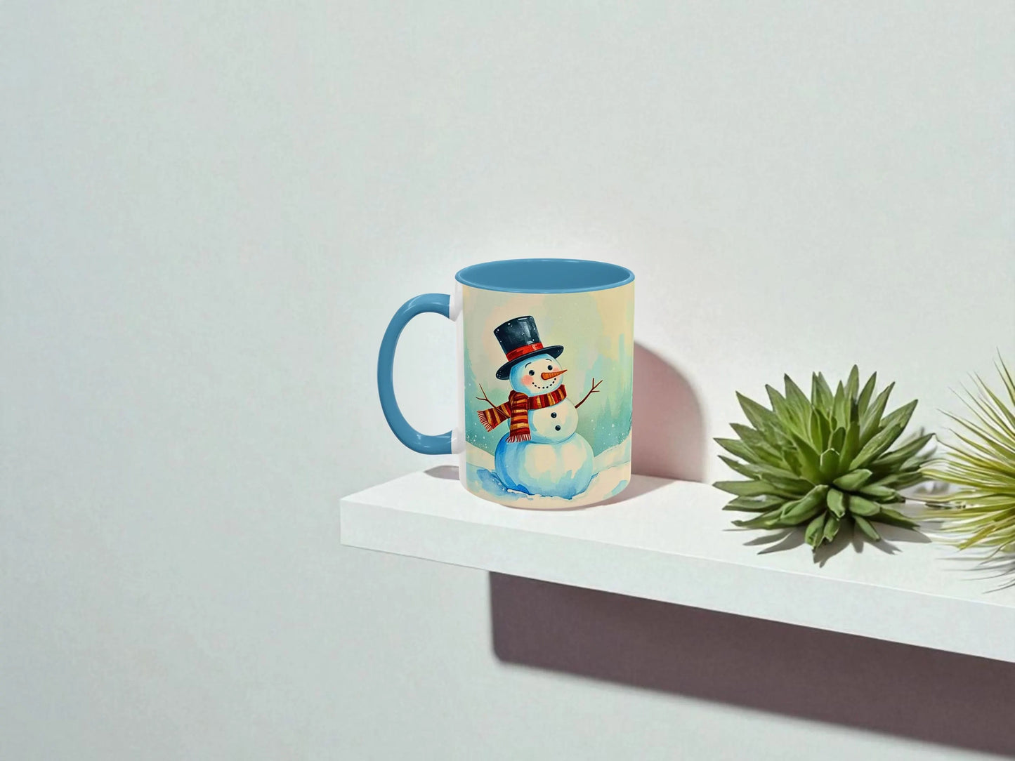 Mug with a snowman design on a white shelf against a light gray background