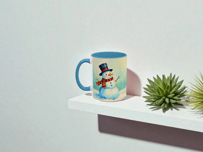 Mug with a snowman design on a white shelf against a light gray background
