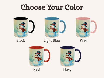 Set of mugs with a snowman design and color options labeled.
